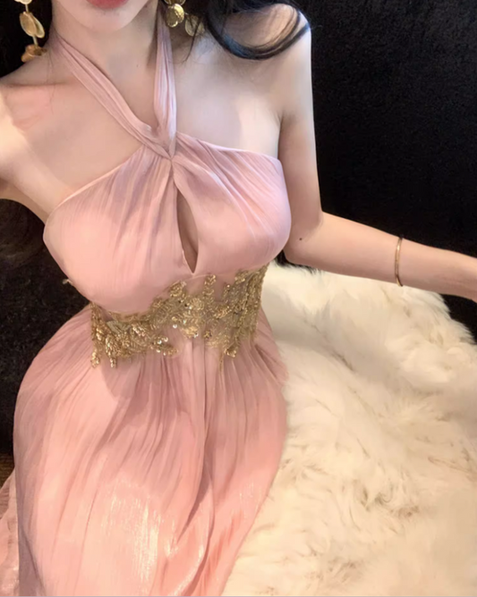 Charming Gold Embroidered Keyhole Front Pink Maxi Dress Vogue Cinched-Waist Flowy Feast Party Halter Long Dress AP1569
