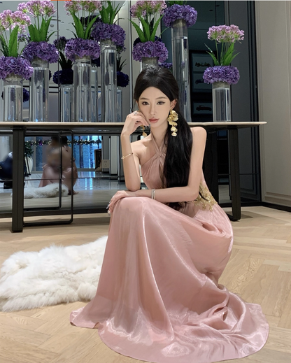 Charming Gold Embroidered Keyhole Front Pink Maxi Dress Vogue Cinched-Waist Flowy Feast Party Halter Long Dress AP1569