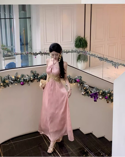 Charming Gold Embroidered Keyhole Front Pink Maxi Dress Vogue Cinched-Waist Flowy Feast Party Halter Long Dress AP1569