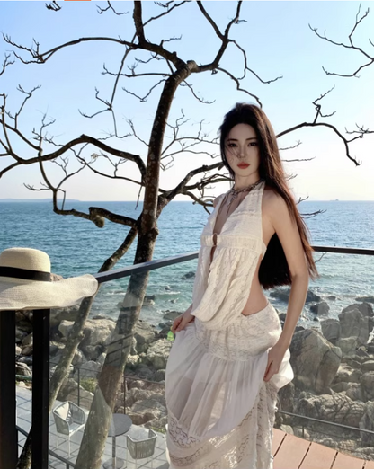 Romantic White Two-Piece Set Ruched Maxi Dress Chic Beach Vacays Sheer Lace Tiered Halter Long Dress AP1570