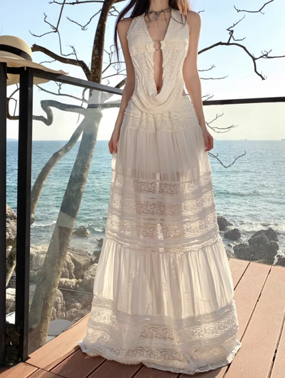 Romantic White Two-Piece Set Ruched Maxi Dress Chic Beach Vacays Sheer Lace Tiered Halter Long Dress AP1570