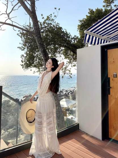 Romantic White Two-Piece Set Ruched Maxi Dress Chic Beach Vacays Sheer Lace Tiered Halter Long Dress AP1570