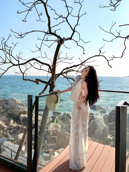 Romantic White Two-Piece Set Ruched Maxi Dress Chic Beach Vacays Sheer Lace Tiered Halter Long Dress AP1570