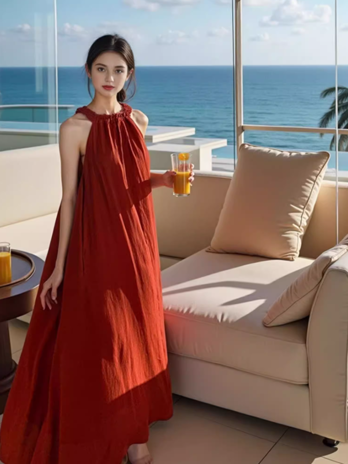 French-Style Red Flowy Hem Maxi Dress Casual Loose Fitting Beach Vacays Ruffles Neckline Halter Long Dress AP1571
