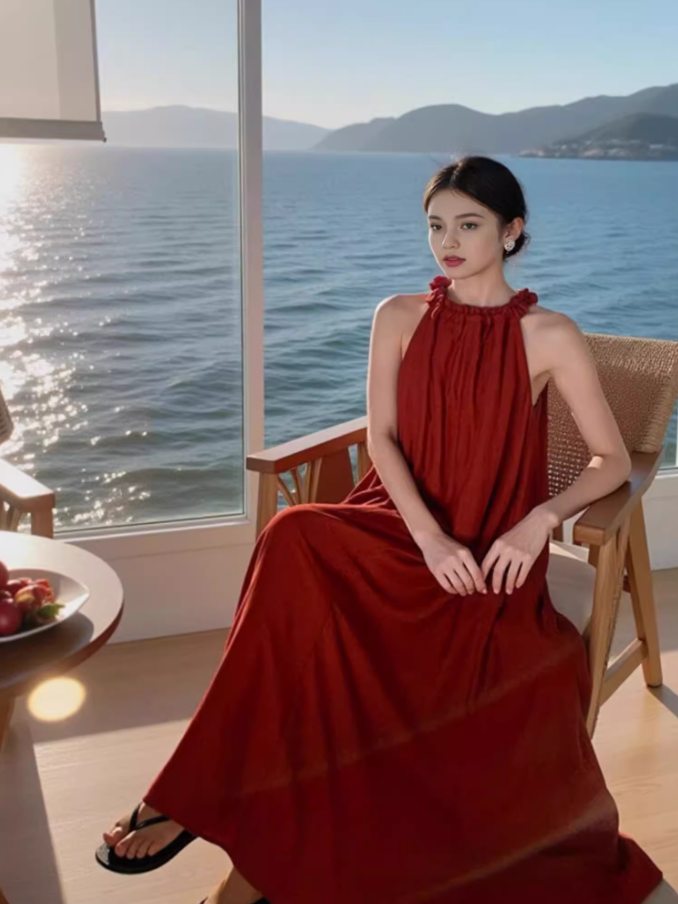 French-Style Red Flowy Hem Maxi Dress Casual Loose Fitting Beach Vacays Ruffles Neckline Halter Long Dress AP1571