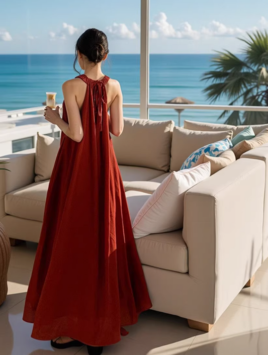 French-Style Red Flowy Hem Maxi Dress Casual Loose Fitting Beach Vacays Ruffles Neckline Halter Long Dress AP1571
