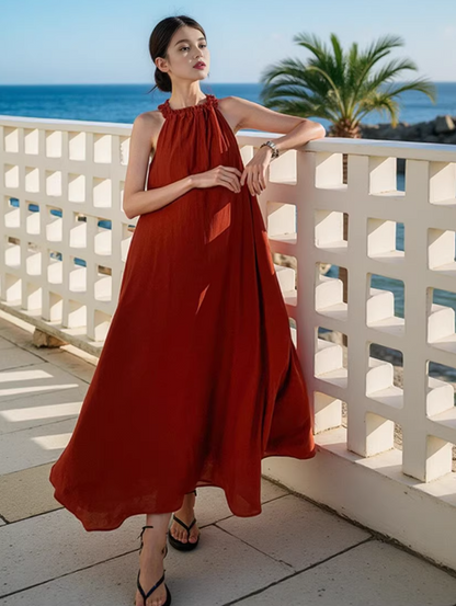 French-Style Red Flowy Hem Maxi Dress Casual Loose Fitting Beach Vacays Ruffles Neckline Halter Long Dress AP1571