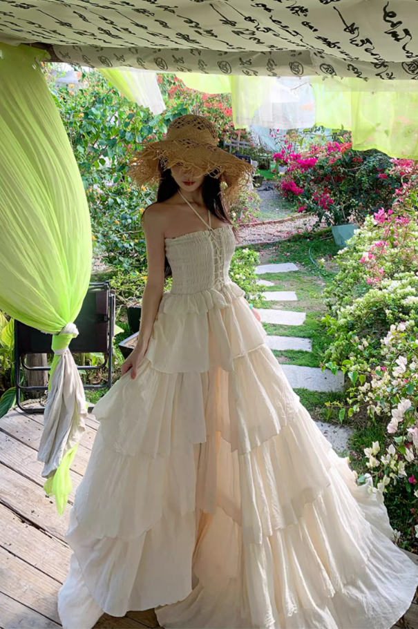 Alluring Cream Tiered Ruffles Hem Maxi Dress Ethereal Smocked Bodice Outdoor Trips Adjustable Halter Long Dress AP1572