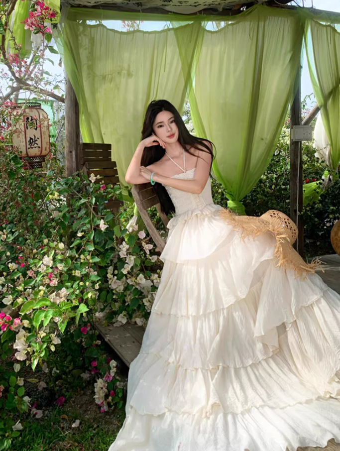 Alluring Cream Tiered Ruffles Hem Maxi Dress Ethereal Smocked Bodice Outdoor Trips Adjustable Halter Long Dress AP1572