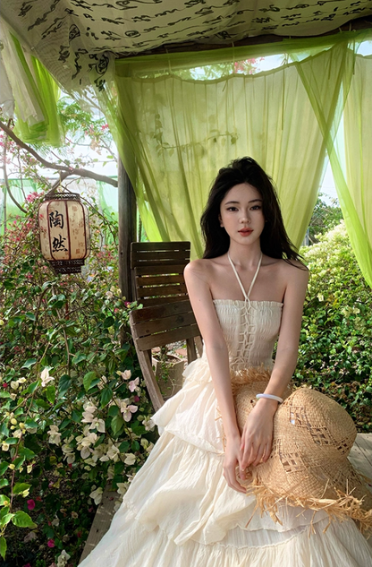 Alluring Cream Tiered Ruffles Hem Maxi Dress Ethereal Smocked Bodice Outdoor Trips Adjustable Halter Long Dress AP1572