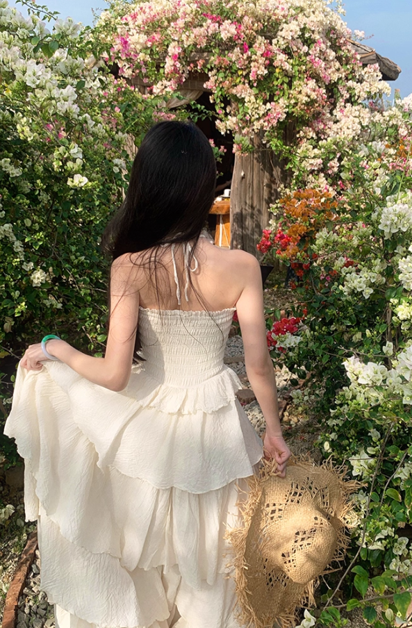 Alluring Cream Tiered Ruffles Hem Maxi Dress Ethereal Smocked Bodice Outdoor Trips Adjustable Halter Long Dress AP1572