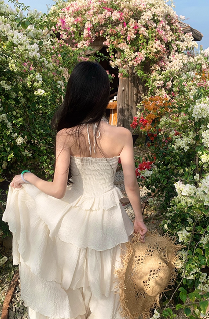 Alluring Cream Tiered Ruffles Hem Maxi Dress Ethereal Smocked Bodice Outdoor Trips Adjustable Halter Long Dress AP1572