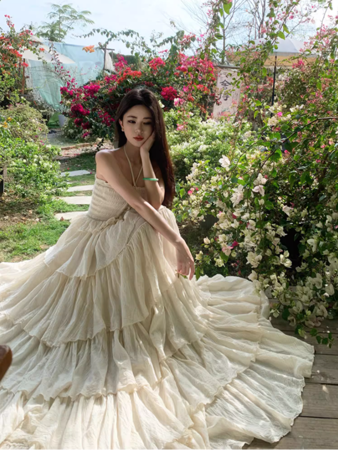 Alluring Cream Tiered Ruffles Hem Maxi Dress Ethereal Smocked Bodice Outdoor Trips Adjustable Halter Long Dress AP1572