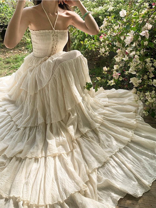Alluring Cream Tiered Ruffles Hem Maxi Dress Ethereal Smocked Bodice Outdoor Trips Adjustable Halter Long Dress AP1572