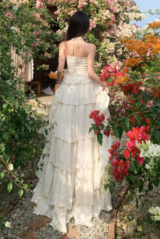 Alluring Cream Tiered Ruffles Hem Maxi Dress Ethereal Smocked Bodice Outdoor Trips Adjustable Halter Long Dress AP1572