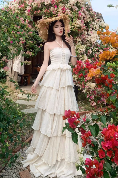 Alluring Cream Tiered Ruffles Hem Maxi Dress Ethereal Smocked Bodice Outdoor Trips Adjustable Halter Long Dress AP1572