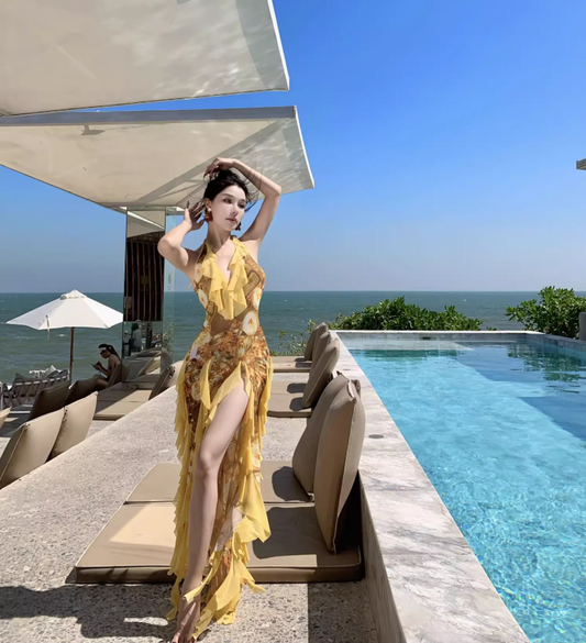 Romantic Yellow Asymmetric Ruffles Trimmed Maxi Dress Vogue High-Slit Outdoor Trips Floral Print Halter Long Dress AP1573