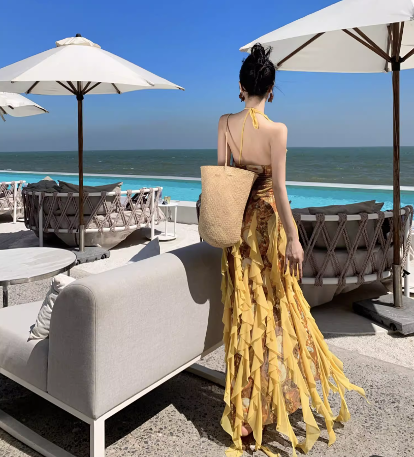 Romantic Yellow Asymmetric Ruffles Trimmed Maxi Dress Vogue High-Slit Outdoor Trips Floral Print Halter Long Dress AP1573