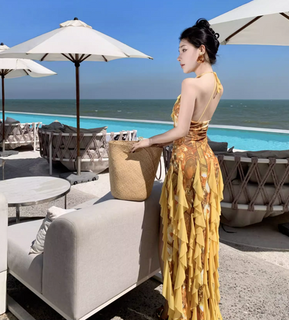 Romantic Yellow Asymmetric Ruffles Trimmed Maxi Dress Vogue High-Slit Outdoor Trips Floral Print Halter Long Dress AP1573