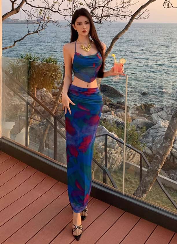 Dopamine Style Blue Printed Two-Piece Set Maxi Dress Vibrant Open-Back Tie Flexible Mesh Halter Long Dress AP1574