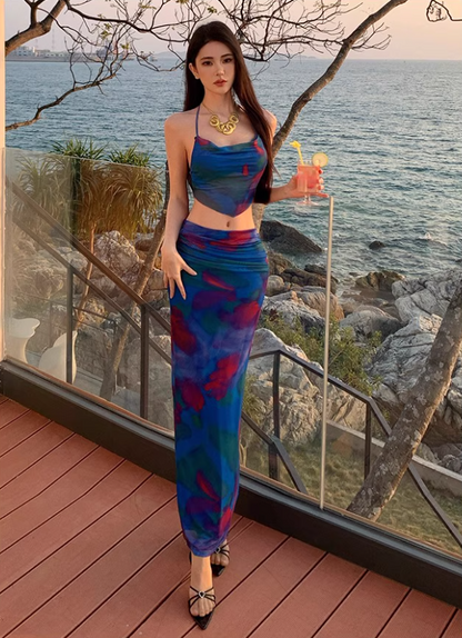 Dopamine Style Blue Printed Two-Piece Set Maxi Dress Vibrant Open-Back Tie Flexible Mesh Halter Long Dress AP1574