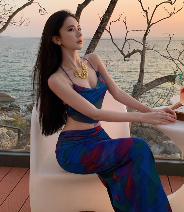 Dopamine Style Blue Printed Two-Piece Set Maxi Dress Vibrant Open-Back Tie Flexible Mesh Halter Long Dress AP1574