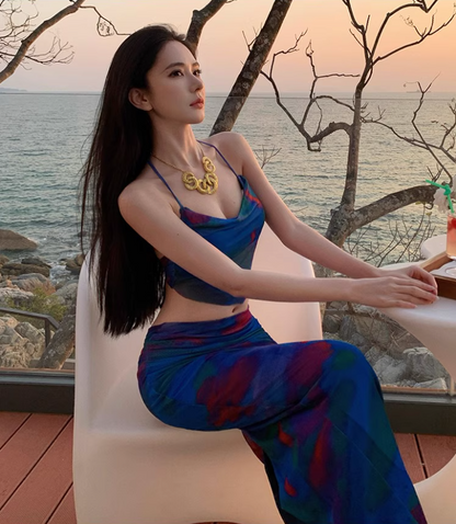 Dopamine Style Blue Printed Two-Piece Set Maxi Dress Vibrant Open-Back Tie Flexible Mesh Halter Long Dress AP1574