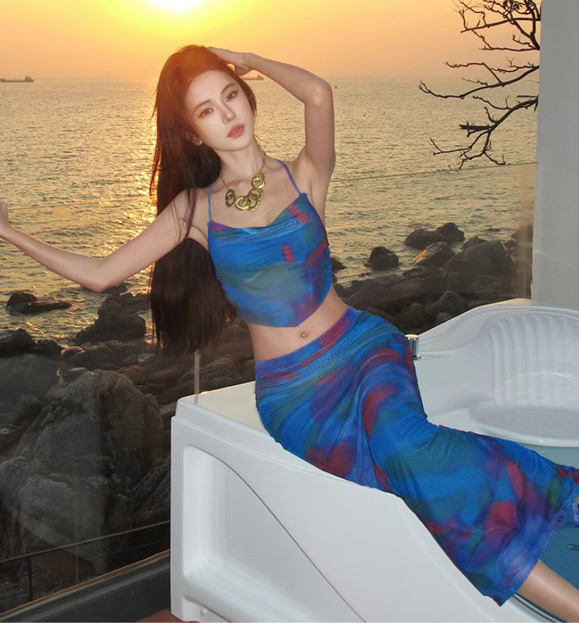 Dopamine Style Blue Printed Two-Piece Set Maxi Dress Vibrant Open-Back Tie Flexible Mesh Halter Long Dress AP1574