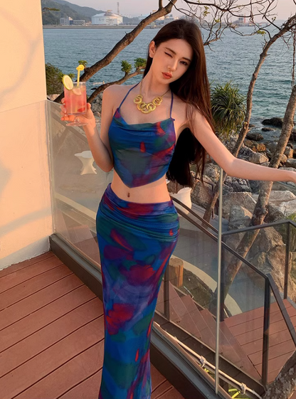 Dopamine Style Blue Printed Two-Piece Set Maxi Dress Vibrant Open-Back Tie Flexible Mesh Halter Long Dress AP1574