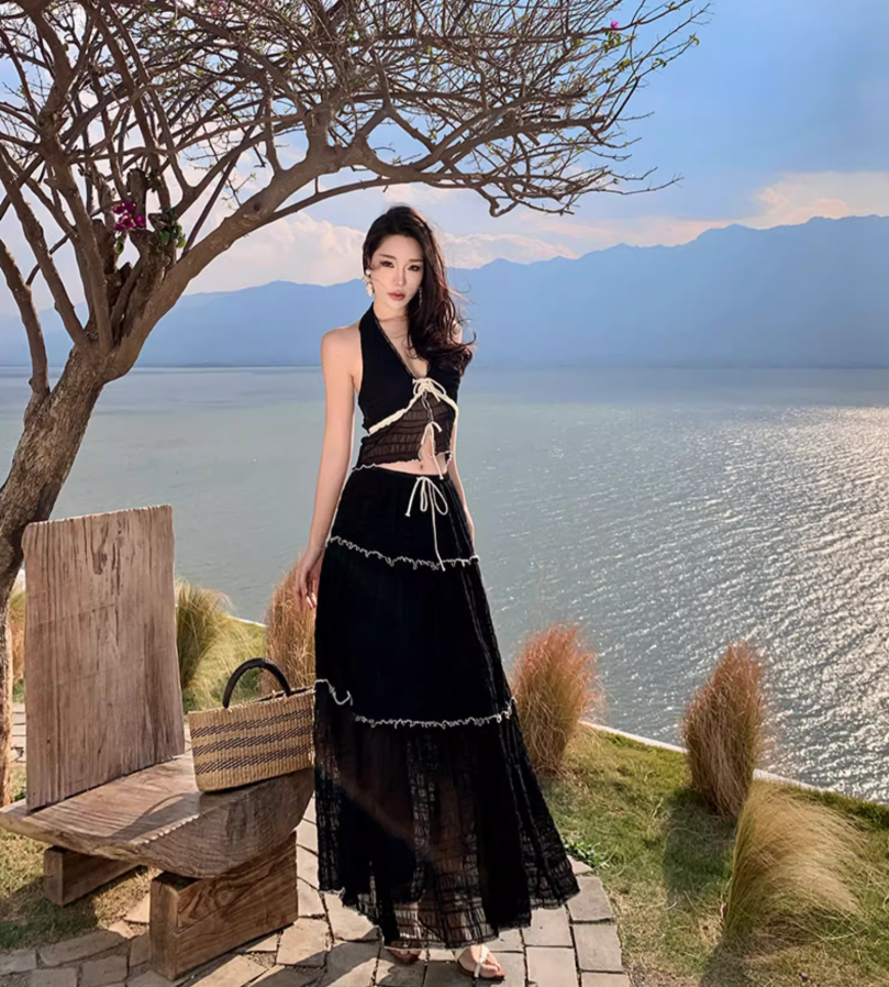 Graceful Tie Front Tiered Black Two-Piece Set Maxi Dress Lakeside Vacays Sexy Sheer Mesh Backless Halter Long Dress AP1575