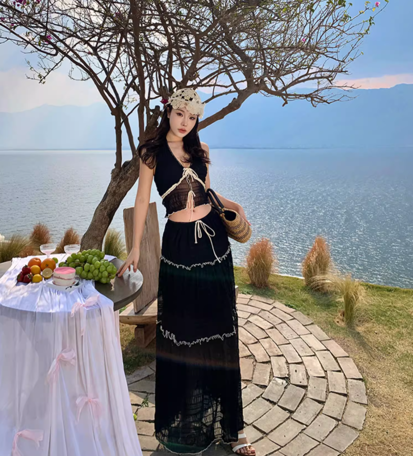 Graceful Tie Front Tiered Black Two-Piece Set Maxi Dress Lakeside Vacays Sexy Sheer Mesh Backless Halter Long Dress AP1575