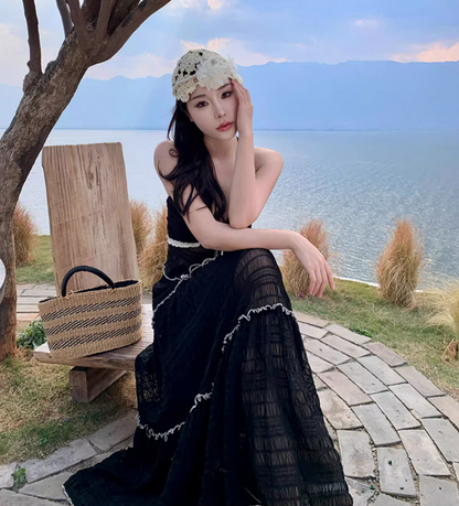 Graceful Tie Front Tiered Black Two-Piece Set Maxi Dress Lakeside Vacays Sexy Sheer Mesh Backless Halter Long Dress AP1575