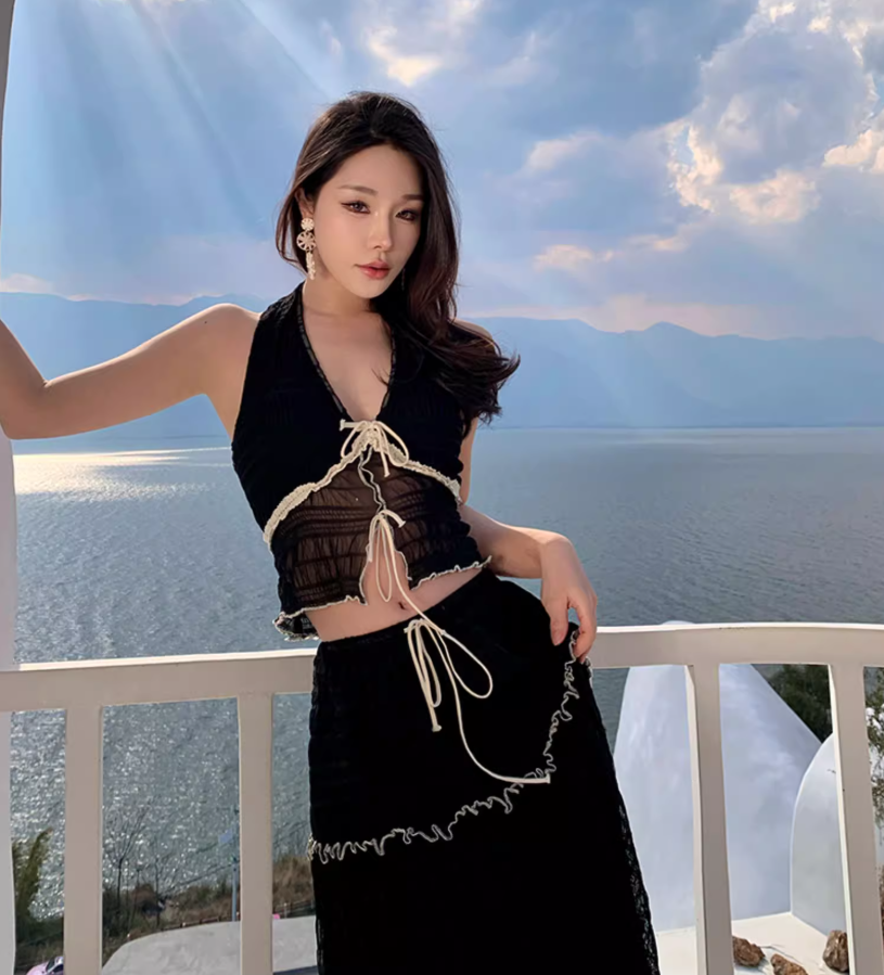 Graceful Tie Front Tiered Black Two-Piece Set Maxi Dress Lakeside Vacays Sexy Sheer Mesh Backless Halter Long Dress AP1575