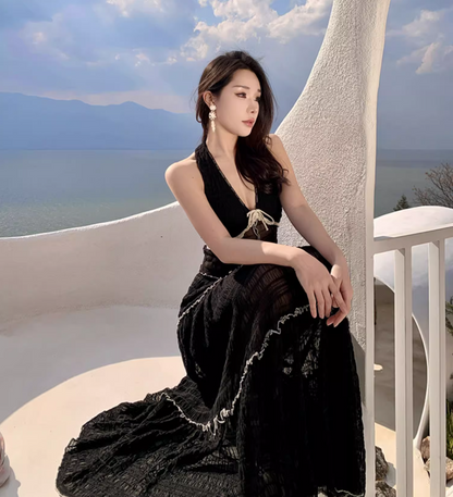 Graceful Tie Front Tiered Black Two-Piece Set Maxi Dress Lakeside Vacays Sexy Sheer Mesh Backless Halter Long Dress AP1575