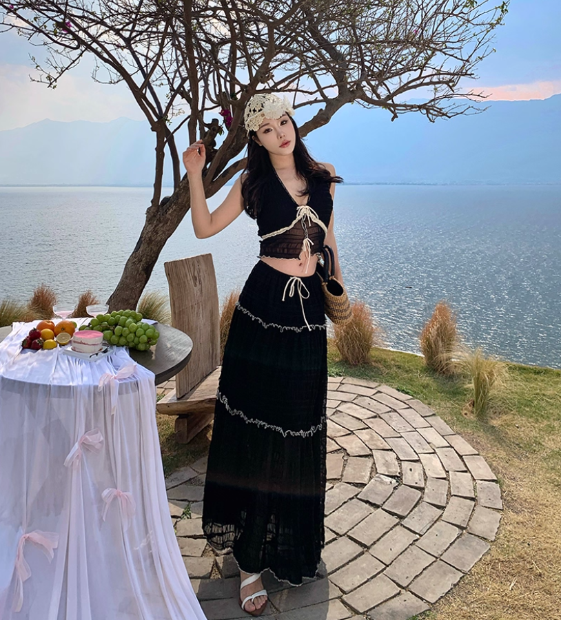 Graceful Tie Front Tiered Black Two-Piece Set Maxi Dress Lakeside Vacays Sexy Sheer Mesh Backless Halter Long Dress AP1575