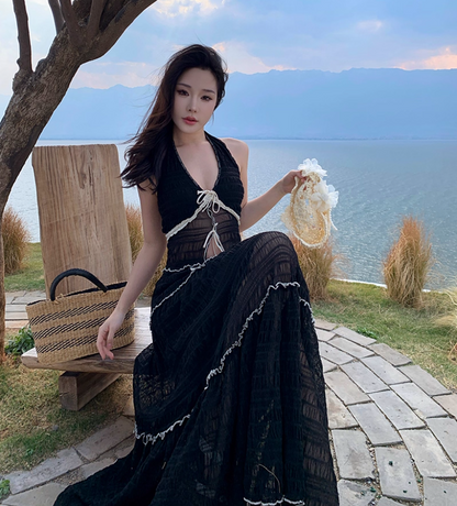 Graceful Tie Front Tiered Black Two-Piece Set Maxi Dress Lakeside Vacays Sexy Sheer Mesh Backless Halter Long Dress AP1575