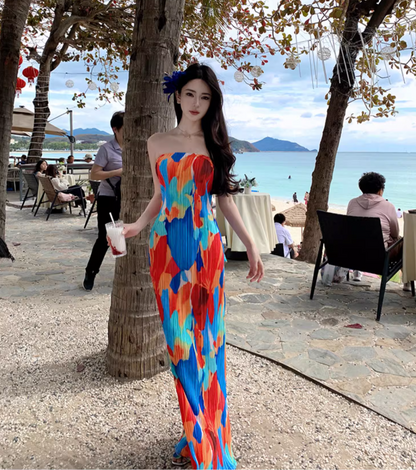 Dopamine Colorful Print Flexible Fabric Maxi Dress Seaside Outfit Strapless Abstract Pattern Bodycon Long Dress AP1576