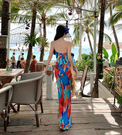 Dopamine Colorful Print Flexible Fabric Maxi Dress Seaside Outfit Strapless Abstract Pattern Bodycon Long Dress AP1576