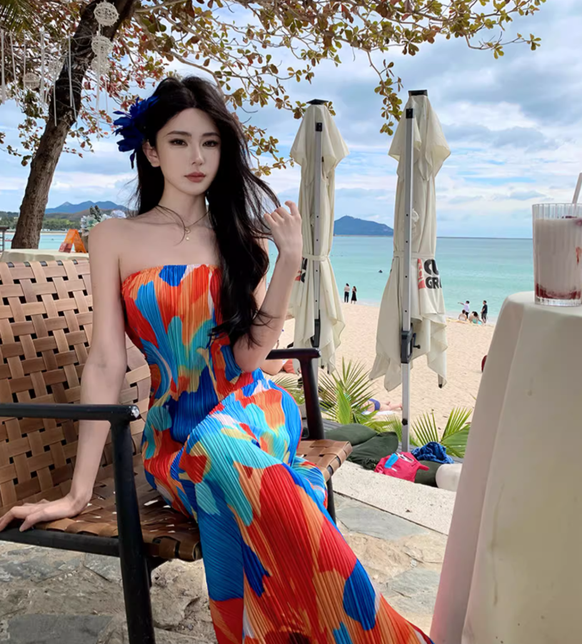 Dopamine Colorful Print Flexible Fabric Maxi Dress Seaside Outfit Strapless Abstract Pattern Bodycon Long Dress AP1576