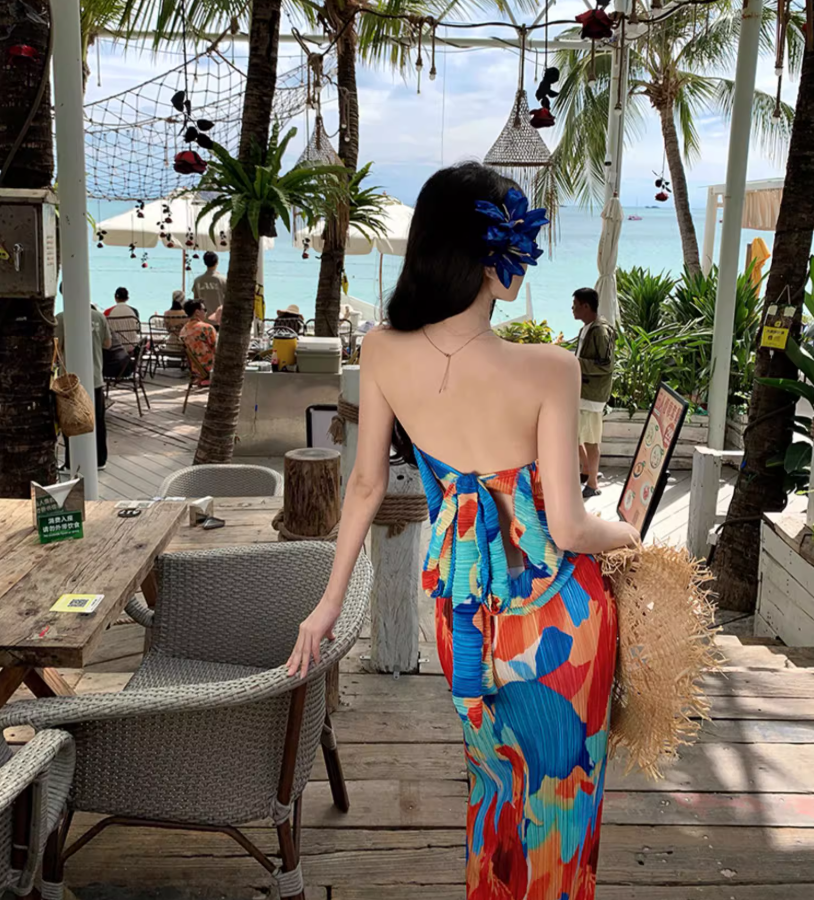Dopamine Colorful Print Flexible Fabric Maxi Dress Seaside Outfit Strapless Abstract Pattern Bodycon Long Dress AP1576