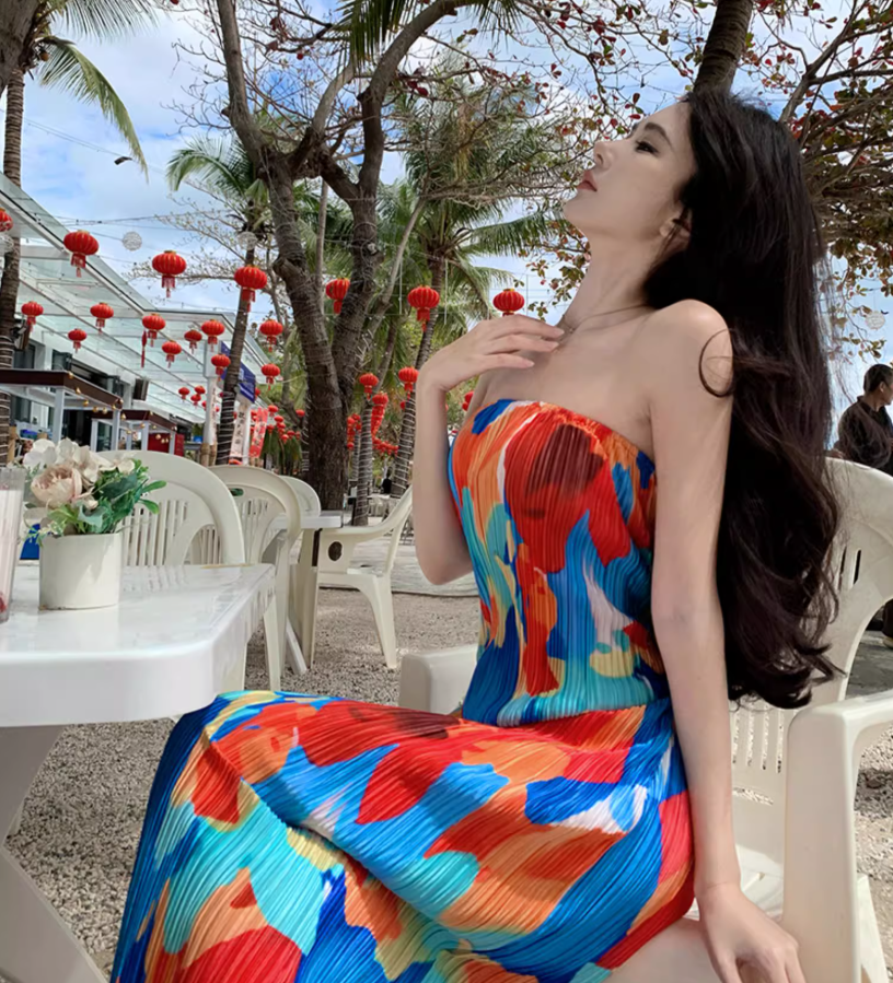 Dopamine Colorful Print Flexible Fabric Maxi Dress Seaside Outfit Strapless Abstract Pattern Bodycon Long Dress AP1576