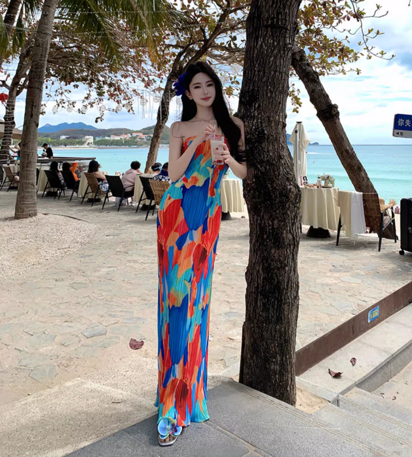 Dopamine Colorful Print Flexible Fabric Maxi Dress Seaside Outfit Strapless Abstract Pattern Bodycon Long Dress AP1576