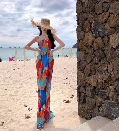Dopamine Colorful Print Flexible Fabric Maxi Dress Seaside Outfit Strapless Abstract Pattern Bodycon Long Dress AP1576