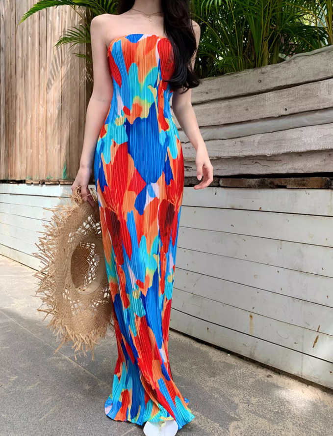 Dopamine Colorful Print Flexible Fabric Maxi Dress Seaside Outfit Strapless Abstract Pattern Bodycon Long Dress AP1576