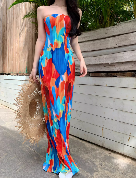 Dopamine Colorful Print Flexible Fabric Maxi Dress Seaside Outfit Strapless Abstract Pattern Bodycon Long Dress AP1576