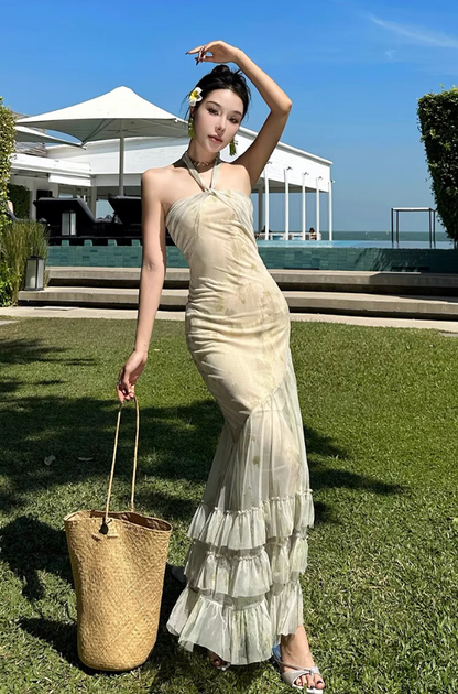Ethereal Green Mesh Splicing Maxi Dress Seaside Outfit Strapless Tiered Ruffled Hem Mermaid Long Dress AP1577