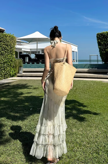 Ethereal Green Mesh Splicing Maxi Dress Seaside Outfit Strapless Tiered Ruffled Hem Mermaid Long Dress AP1577