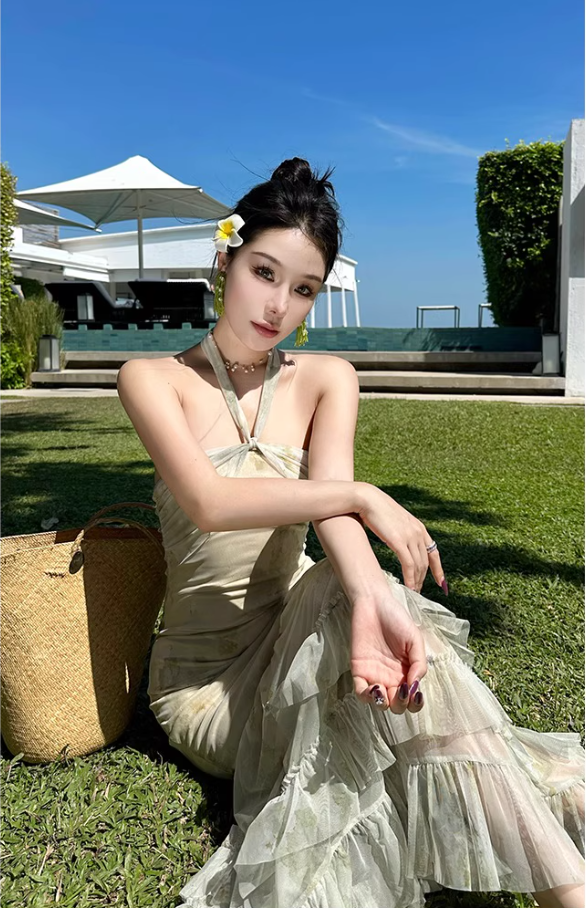 Ethereal Green Mesh Splicing Maxi Dress Seaside Outfit Strapless Tiered Ruffled Hem Mermaid Long Dress AP1577