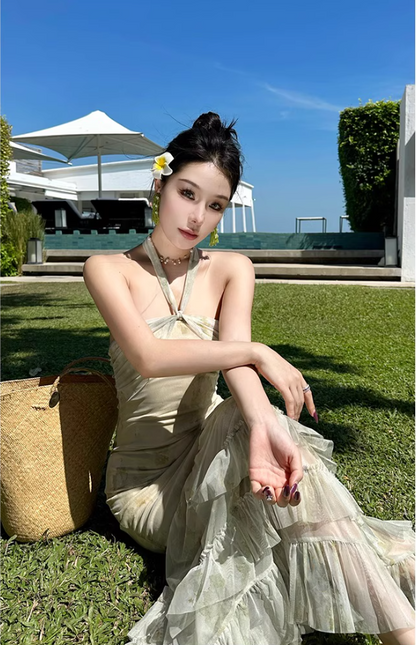 Ethereal Green Mesh Splicing Maxi Dress Seaside Outfit Strapless Tiered Ruffled Hem Mermaid Long Dress AP1577