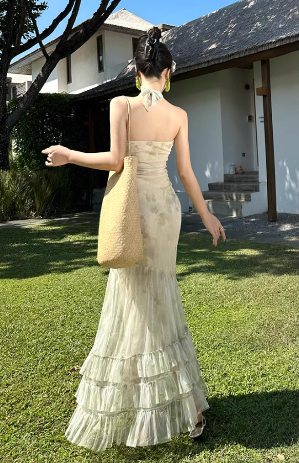 Ethereal Green Mesh Splicing Maxi Dress Seaside Outfit Strapless Tiered Ruffled Hem Mermaid Long Dress AP1577